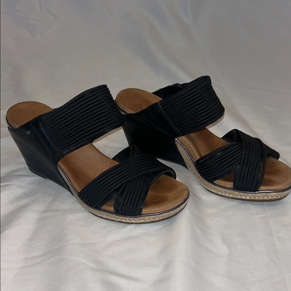 UGG Black and Tan Wedge Sandals